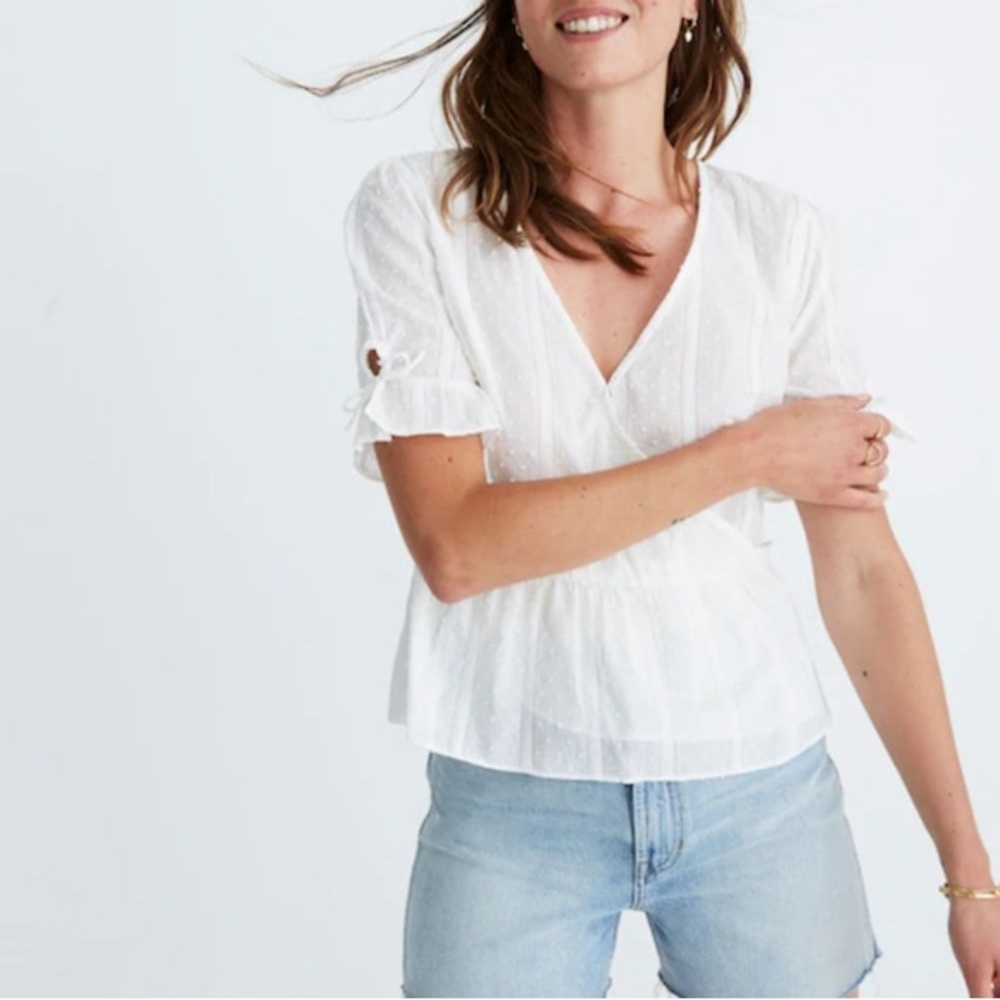 Madewell White Tie-Sleeve Wrap Top in Swiss Dot